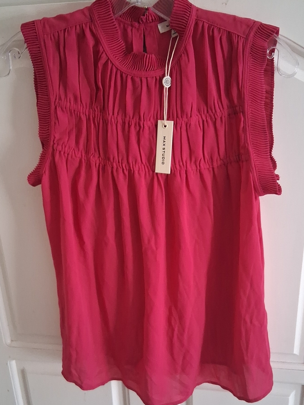 Max Studio Blouse Womens Fushia Pink Mock Neck Smocking Detail NWT Small Career